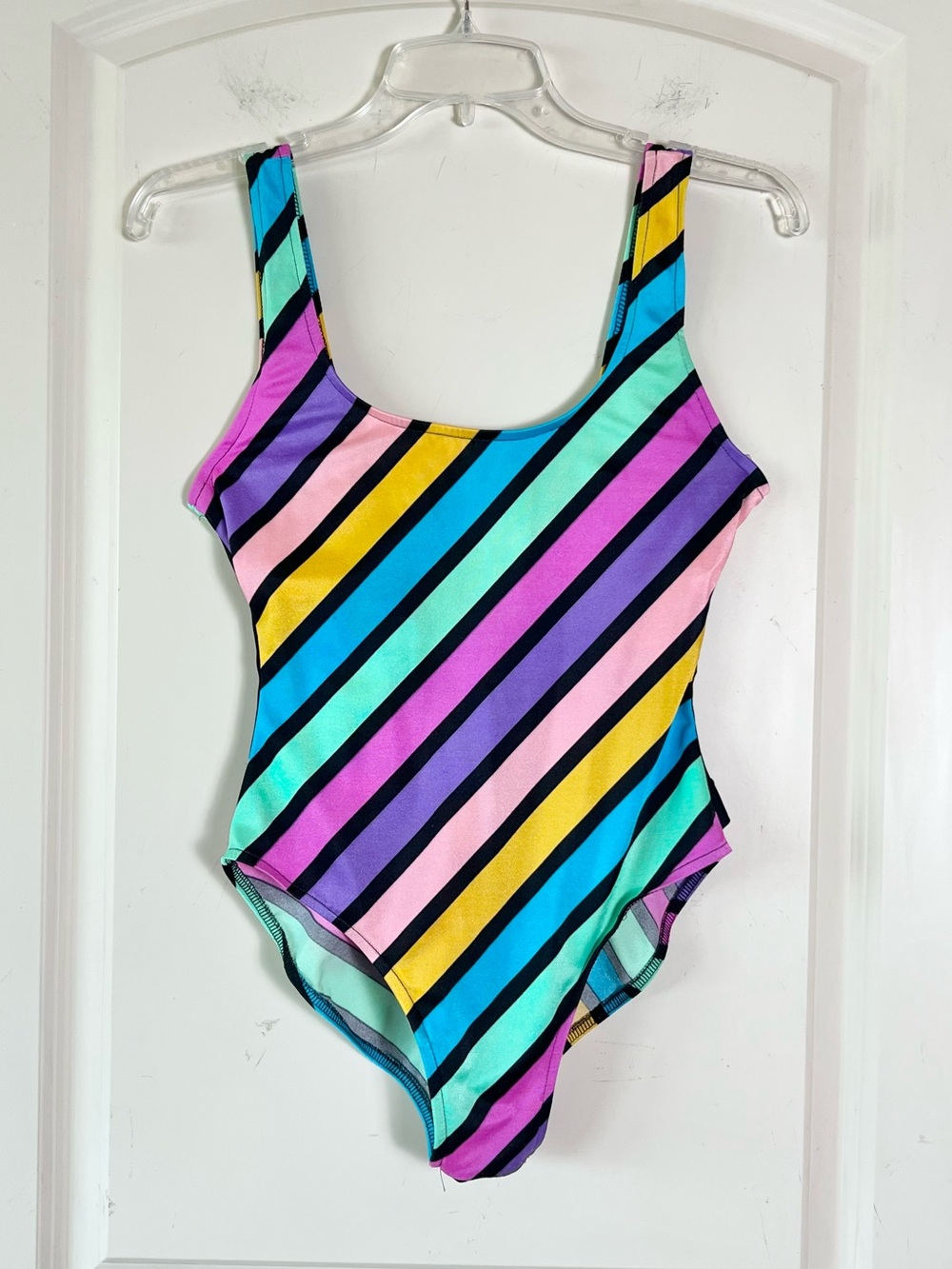 Vintage 80s Colorful Striped Bow Back One Piece Swimsuit Union Made Retro 11/12